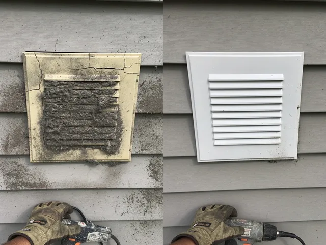 Holliston Dryer Vent Cleaning technician installing high-quality dryer vent cover at a residential property in Holliston