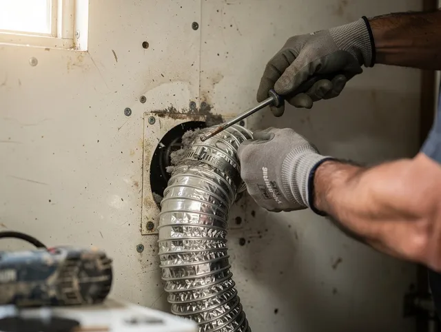 Holliston Dryer Vent Cleaning technician performing precise dryer vent hose installation in Holliston